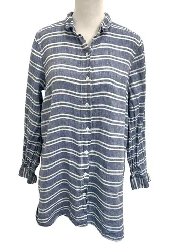 Garnet Hill 100% Linen Stripe Button Down Shirt Tunic Nautical Blue Petite Small
