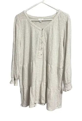 J.Jill Shirt Womens Size L Heathered Cream Tiered Henley Shirred Cuff Tan Size L