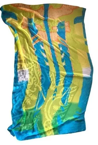 Large Artsy SILK FEEL Turquoise & Yellow Art To Wear Rectangular Scarf 70X42”