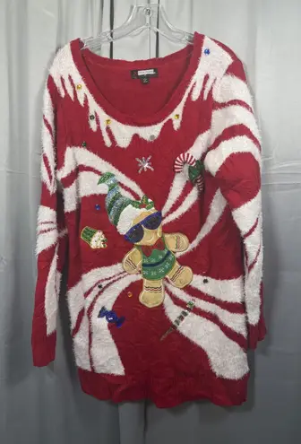 Ugly Christmas Sweater Dress Womens Large Red Gingerbread Sequin Candy Cane