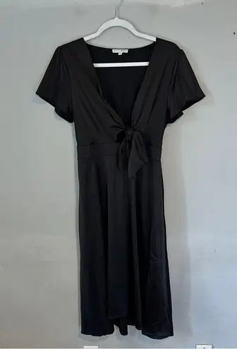 Baltic Born Poppy Satin Black Midi Dress, Peek-a-Boo Tie Front Black Medium