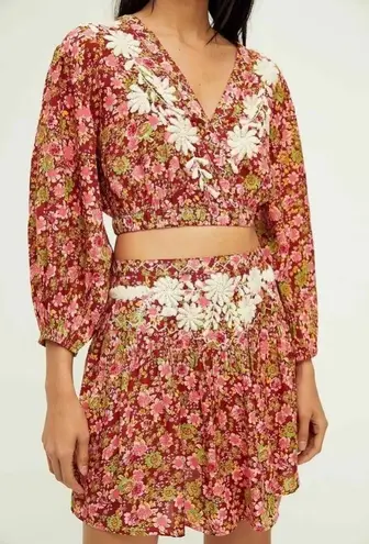 Free People  co-ord set Nyomi Embroidered Floral Mini Skirt Crop Top Red pink