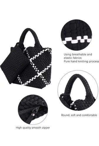 Ahdorned Black White Lily Woven Neoprene Large Tote With Pouch Purse Shoulder Bag