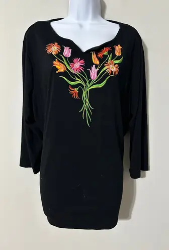 Bob Mackie Wearable Art Black Embroidered Floral V-Neck 3/4 Sleeve Top 1X