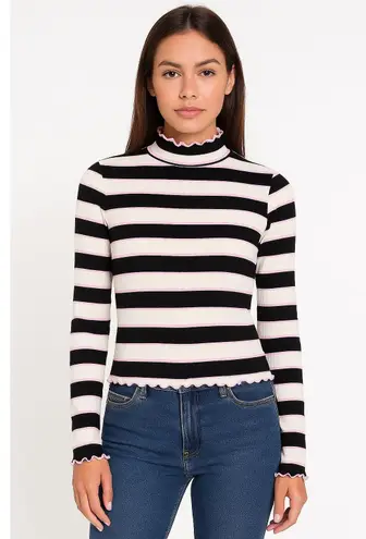 Juicy Couture Black White Pink Stripe Lettuce Hem Mock Neck Top L Size L