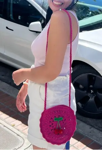 Handmade Crochet Pink Cherry Bag Round Artisan Crossbody Summer Viral