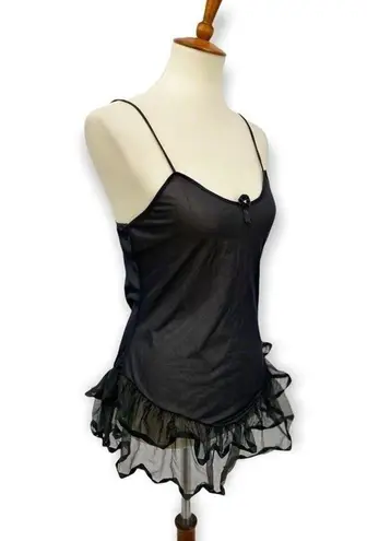 Vintage Nylon Black Ruffle Skirt Cami Dress Semi Sheer