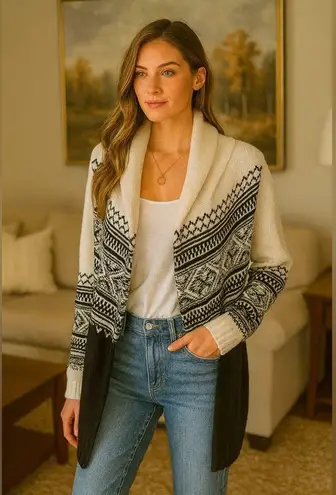 NYDJ Fair Isle Knit Shawl Collar Cardigan Sweater Nordic Boho Black White Small