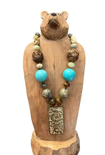None Handcrafted Turquoise and Brown Beaded Necklace beautiful hand carved beads