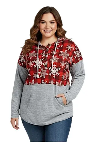 Grey Buffalo Plaid Snowflake Hooded Sweater Size 2XL Gray