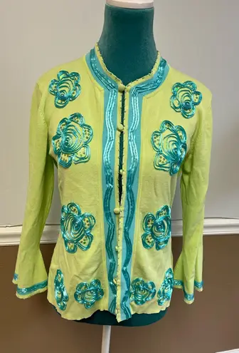 Vintage Cardigan Sweater Women’s Small Green & Blue Floral Beaded Sequin