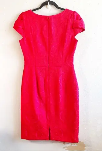 Kay Unger Dress Poppy Red Jacquard Cap Sleeve w/ Gold Chain Belt Accent Sz 4 EUC