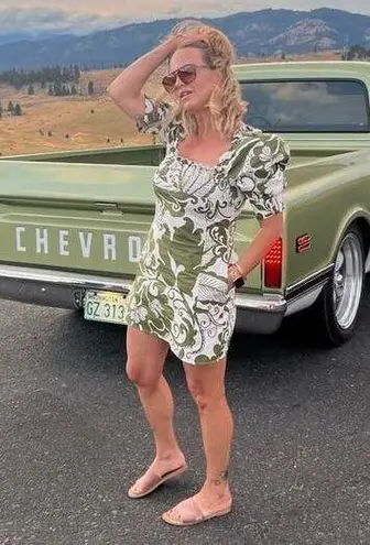 LA DOUBLEJ Green White Printed Puffed Sleeves Square Neckline Mini Dress Size L Size L