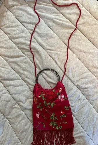 Red Embroidered Floral Beaded Purse