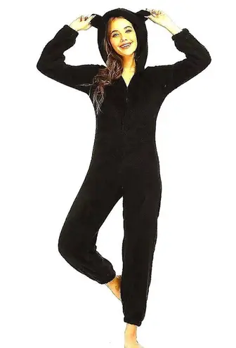 Zip Up Hooded Teddy Jumpsuit with Ears Black