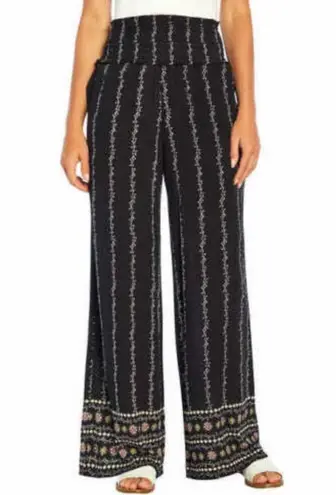 Three Dots Floral Printed Wide Leg Pull On Pants Black Small