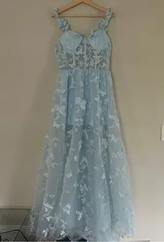 3D Butterfly Appliqué Tulle Light Blue Lace Dress Maxi Formal Prom Medium Large