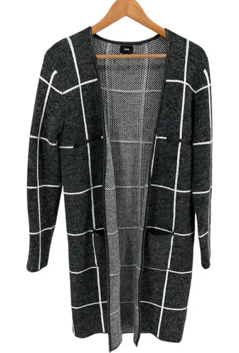 Fate Grey White Windowpane Open Car Coat size Large Faux Leather Fuzzy Pockets Gray