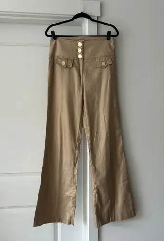 Cache beige gold metallic wide leg high rise vintage linen cotton blend pants