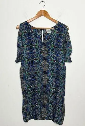 SW3 BESPOKE Silk Dress Cover Up Kaftan Size Small Colorful Paisley Boho Swimsuit Blue