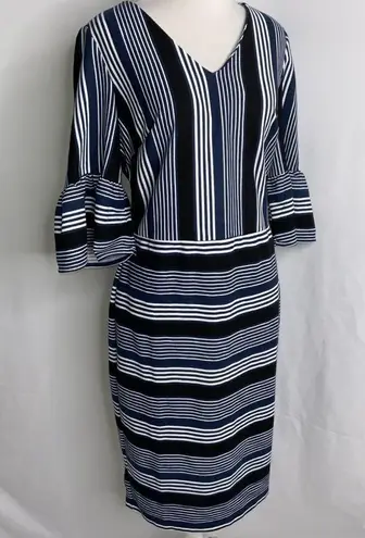 ECI Navy Blue &White Striped Bell Cuff Career Dressy Dress 6 NWT