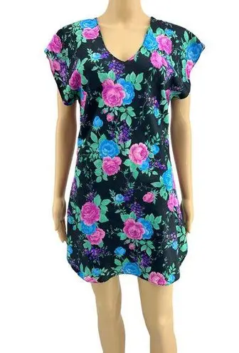 VINTAGE AMERICAN Texsheen SMALL 1960's Black Floral Sleep Mini Dress Night Gown