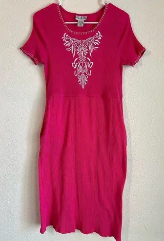 Blair Vintage Embroidered Midi Pink Crinkle Dress Size Medium Summer Beach