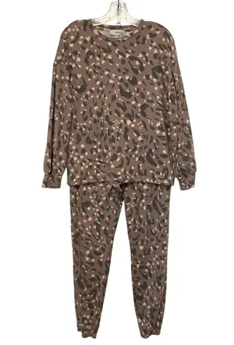 Como Sleep Brown Leopard Print Sweater Pants Two Piece Pajama Set Loungewear Size M