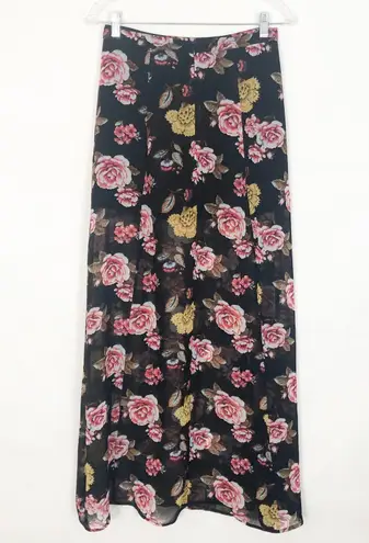 Dark Floral Maxi Skirt Chiffon Front Slits Romantic Coquette Dark Fairy Event Black