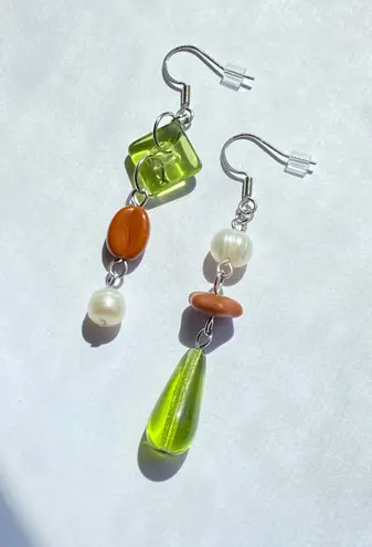 Handmade boho vintage aesthetic fairy chic style Czech glass beads mix pearl asymmetric dangle earrings🍃🌙🌳🫒🌀