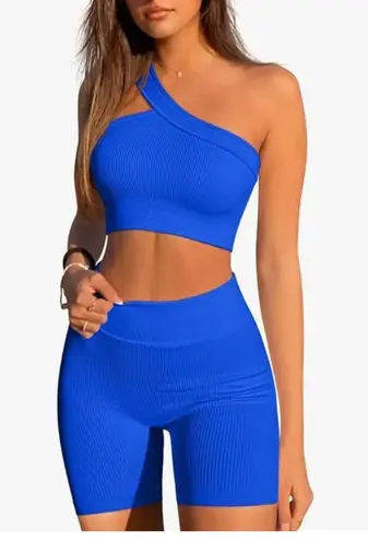 Womens 4 Piece Ribbed Workout Set Blue Size M