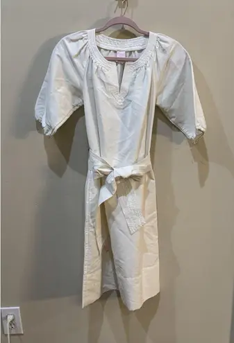 Ann Mashburn trapunto blouson dress size XS 100% Silk Cream Bow Popover Belted