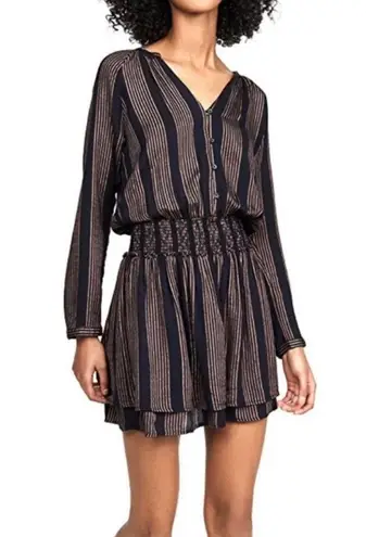 Rails  Jasmine Mini Dress Midas Stripe Metallic Smocked Button Front Black Gold L