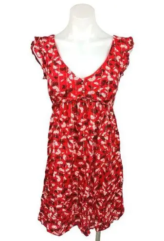 Promod Red V Neck Empire Waist Sleeeless Cutout Button Babydoll Mini Dress Sz 2