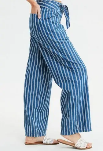 American Eagle  Women's Blue White Striped Wide Leg Paperbag‎ Pants Sz 8 NWOT