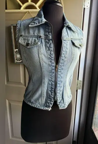 Vintage 90s Chazz zip front denim jean moto vest, size medium Blue