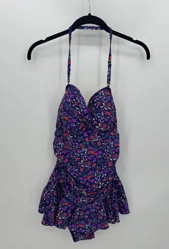 Shore Shapes Swimwear One Piece Bathing Suit Women 16 Purple Floral Skirt Cinch