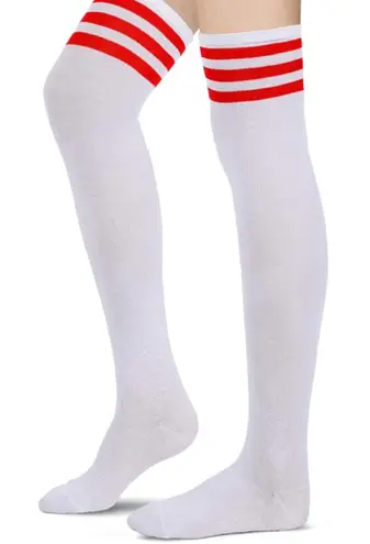 Red White Stripe Thigh High Over the Knee Nylon Stockings