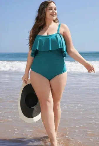 Bloomchic Ruffle Trim Sculpt Waist Ruched Front One Piece Swimsuit Blue 18-20