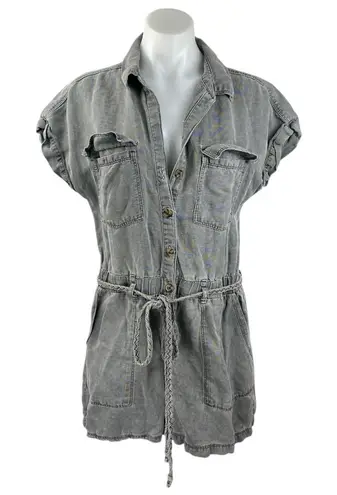Nicole Miller Women's Gray Short Sleeve Collar Button Up Tie Jumpsuit Romper S
