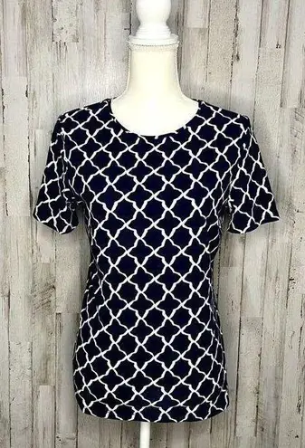 Talbots Women's Geometric Navy & White Crew Neck Tee Size Medium Casual