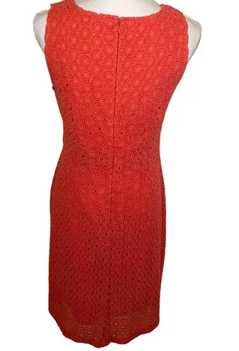 Garnet Hill Eyelet Crochet Lace Coral Pink Sheath Midi Dress, Size 6