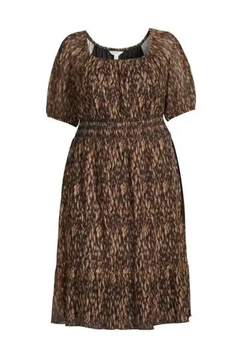 Terra & Sky Womens Square Neck Brush Marks Brown Latte Smocked Dress Size 4X NWT