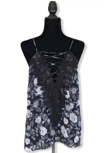 WAYF NEW Posie Strappy Camisole Black Ivory Floral Lace Strappy Cutout Tank Top