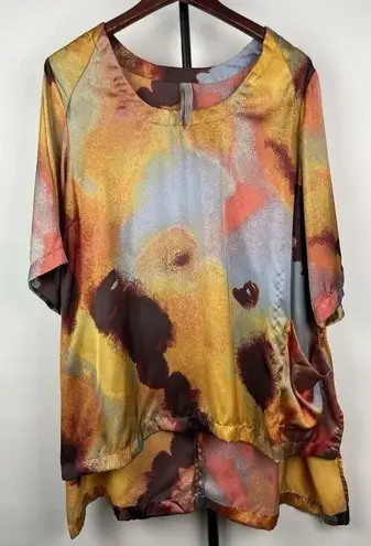 Melissa McCarthy Seven7 Women's Abstract Sunset Short Sleeve Satin Blouse Sz 2X Orange