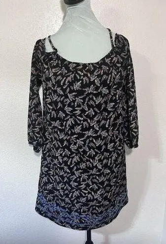 THML Dress Sz M Western Feather Open Shoulders Knee Length Embroidered Hem Strap