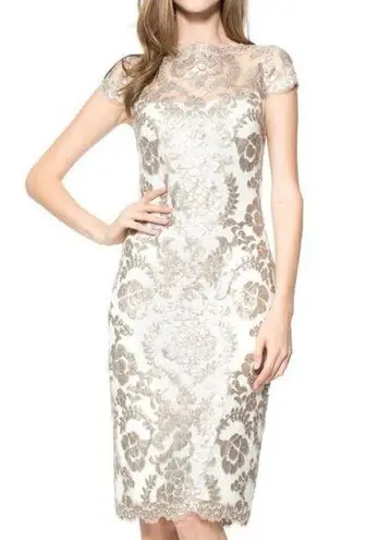 Tadashi Shoji Gold Embroidered Lace Cap Sleeve Dress Size 4 Party Cocktail