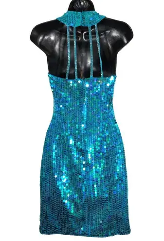 Vintage 90s Teal Sequin Mini Dress Concert Party Cocktail Sleeveless Mermaid