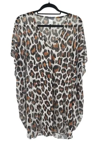 Jordan Taylor Oversized Mesh Leopard Print V-Neck Kaftan Tunic Top Size Medium