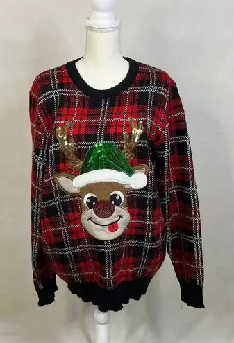 Urban Heritage Happy Holidays Women's XL Ugly Christmas Sweater Plaid Reindeer
